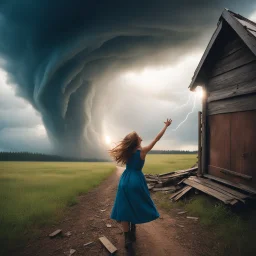 Pov: the open door to the sky a girl laugh and stretches out her hand, a tornado carries the wreckage of a scary cabin. the effects of dust and strong winds flow dramatically. scene funny.