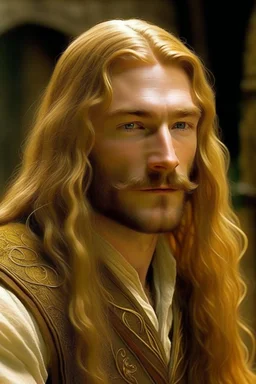 A young serene Lord Of The Rings like man with long golden hair that cascades gracefully. A short beard with no mustache. His open eyes, with blind pupils, reflect a depth of wisdom and inner peace. A gentle smile graces his face, adding warmth to his tranquil demeanor.