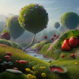 pixar style, volumetric summer garden environment and background, volumetric lighting, dramatic lighting, realistic painting of an strawberry, looking excited, detailed digital painting, extreme dense and fine fur, anime, ornate, colour-washed colors, elegant, small minutiae, tiny features, particulars, centered, smooth, sharp focus, renderman gofur render, 8k, uhd, detailed eyes, realistic shaded volumetric lighting, sunlight caustics, backlight, centered camera view