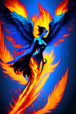 dark, blue phoenix, flaming wings, beautiful, smooth, flying, graceful