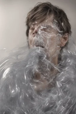 Capture the essence of anxiety through an art piece depicting a person's struggle with overwhelming pressures with a vacuumed plastic covering a person's face and he can't breath