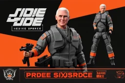 packaging label Mike pence g.i. joe toy With a gun space force uniform action figure, fluorescent orange, pricetag, snowcat