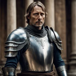mads mikkelsen dresses in knight's armour, head fully in frame, high quality photo