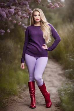 beautiful 18 year old girl with ash blonde hair and blue eyes with her curvy hair down, wearing a long-sleeved woollen top, and lilac long leggings, with long red boots full body standing pose shot