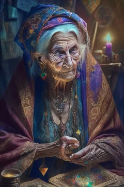 A wicked 76 year old gypsy woman doing a tarot reading