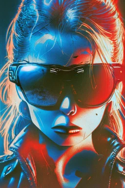 Photo of a half broken female Terminator, with dark sun glasses, bright red eye, Hollywood movie poster style, atmospheric blue light night time, high contrast dark moody lighting.