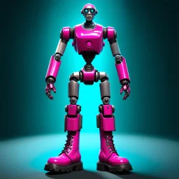 A hyper-realistic 3D Surreal digital painting, magenta droid mechanic, rich deep teal background, dreamlike imagery, fantastical elements, perfect body ,dymond , boots