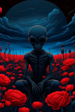 an illustration of an alien with a field with red flowers cloudy in dark aesthetic