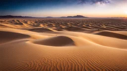 A desert landscape with sand dunes that look like the waves of an ocean, each grain of sand a tiny, sparkling star