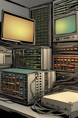 Rack of network switches interconnected comic book style