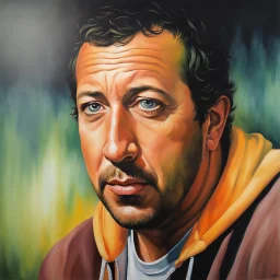 Adam Sandler Facial Portrait, dark, multicolored watercolor stained wall in the background, oil painting in the art style of Boris Vallejo, 32k UHD, Hyper realistic, photorealistic, realistic, sharp, highly detailed, professional quality, beautiful, awesome, majestic, superb, trending on artstation