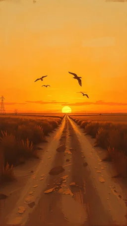 dusty dirt path with sunset in the prairies, old western, painting based on grainy photo, horizon at 1/3 from bottom, orange brown tones
