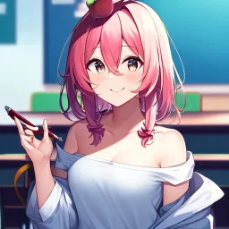 Clear focus, High resolution, a anime adult, cute, cartoony style, smiling, hair between eyes, holding a pencil, small forhead, female, medium length hair, long locks, lots of bangs, teacher, wearing a off shoulder shirt, no spaghetti straps, peach hair colour