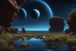 Dark blue sky with one exoplanet in the horizon, rocks, cliffs, puddle, weeds, sci-fi movies influence, movie wallpaper, epic, ernest welvaert and charles leickert impressionism paintings