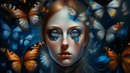 Dreamlike portrait with oversized hypnotic eyes, monarch and morpho butterflies emerging from dilated pupils, flashes of light passing through translucent wings, ethereal eyelashes like silk threads, painterly quality of a museum masterpiece, timeless and mystical atmosphere, contemporary surrealism style