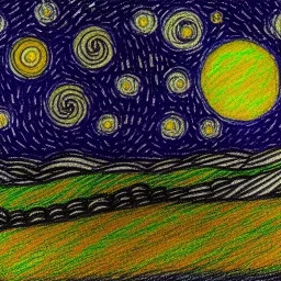 dibujo de una campo de noche con la luna y muchas estrellas con el estilo de Vincent van Gogh