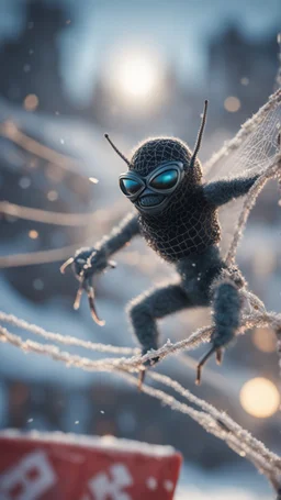 ninja spider god gremlin alien pimp with ski mask caught frozen in net, bokeh like f/0.8, tilt-shift lens 8k, high detail, smooth render, down-light, unreal engine, prize winning