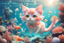 cute chibi dinamycally swimming antropomorph cat fairy in the sea, fishes, corals, shells, bubbles in sunshine, ethereal, cinematic postprocessing