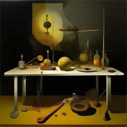 human body, universe-like table,complex surgical instruments mixed with human body-like musical instruments,minimalism,Painting By Adrian Ghenie, Rene Magritte, Lucian Freud