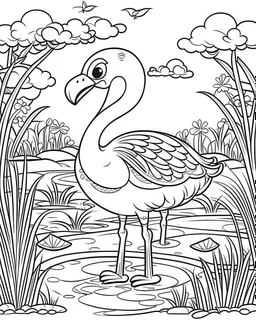 create a 2d black outline, "safari smiling cartoon flamingo coloring book for toddlers", coloring page, low details design, black contour, coloring page design, simple background, colorful , card style, coloring page for kids, white background, sketch style, safari landscape, cartoon style