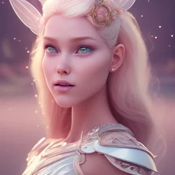 in front of a pink castle, a cheerful fairy, big smile, pink, blonde hair, beautiful, whole face, whole top hair head, wide open blue eyes, transparent wings onn the back, hyperrealism, masterpiece, expert, cinematic lighting, sharp focus, 8K, pastel, macro lens, woman, detailed, flower