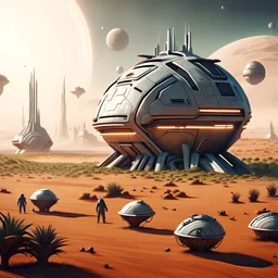 futuristic ships, start of an exoplanet colonization with not much greenery, desert planet and agriculture with peasants in the fields, realistic