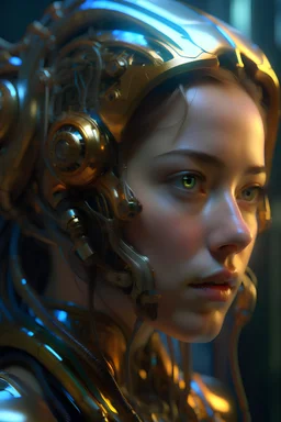 Closeup portrait of a cyborg, mechanical parts, ultra realistic, concept art, intricate details, eerie, highly detailed, photorealistic, 8k, unreal engine. art by artgerm and greg rutkowski and charlie bowater and magali villeneuve and alphonse mucha, golden hour, cyberpunk, robotic, steampunk, neon colors, metallic textures.