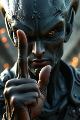 Alien looking up , d&d character art masculine features, finger to you with his index hand , deep coal-gray skin, 8k, 3d cgi, unreal engine 6, high detail, intricate, cinematic battle background