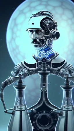 Nikola Tesla, detailed and intricate calligraphy ink painting of a "cyborg Mad Scientist" holding beakers, outer space Background cosmic fractals, dystopian, concept art, unreal engine 5, god rays, ray tracing, RTX, lumen lighting, ultra detail, volumetric lighting, 3d, finely drawn, high definition, high resolution. award-winning: professional portrait: atmospheric: commanding: fantastical: clarity: 16k: ultra quality: striking: brilliance: stunning colors: amazing depth: masterfully crafted