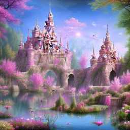 castle pink Magic dream world papillons lac avec lotus