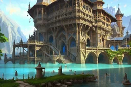 medieval buildings with balconies overhanging lake edge with blue sky and people, photorealism, fantastical, intricate detail, splash screen, concept art