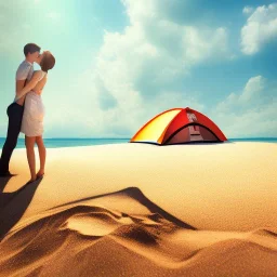 2 lovers last kiss in sand island with tent and river background