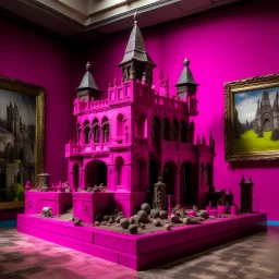A magenta castle with a library designed in ancient Egyptian architectures and sculptures painted by Jackson Pollock
