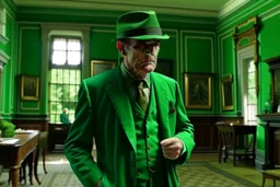 ww1 rich archeologist with green suit talking close-up standing up looking to the camera, inside mansion room background