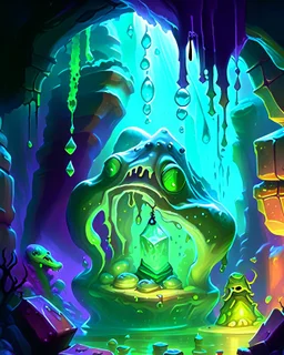 a slimy dripping gelatinous cube in vast dungeon cave room with treasure chests rpg art painterly