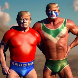 Realistic image of Donald trump wrestler, Mexican wrestling style, Mexican wrestling mask eyes, red and blue breeches, glow us flag dress, suspenders, retro style, 80s, vibrant color, highly detailed, sky background, concept art, unreal engine 5, god rays, ray tracing, RTX, lumen lighting, ultra detail, volumetric lighting, 3d, finely drawn, high definition, high resolution.