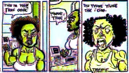 2 panels: one with an angry black lady screams on phone the other panel shows Tyrone using workout machine