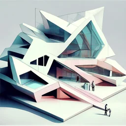 Architectural drawing of a Neofuturistic art museum, (((isometry))), ultra quality, people