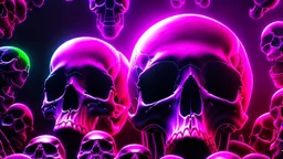 hundreds of anatomically correct, dark comic artl, human skulls stacked into a wall unusual neon lighting, high velocity, 64k, dystopian, vray, a picture of a dark, comedic, anatomically correct wall of colorful tightly packed skulls of varying sizes and expressions, photo-realistic, insanely meticulous, highly detailed,, 64k, dystopian, vray