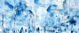 urban life and people art watercolor light soft monochromatic blue transparent