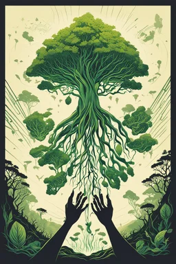 Huge hands holding saplings, The giant is planting a big green tree, first contact concept art, silkscreened mind-bending illustration; sci-fi poster art, asymmetric, futurism