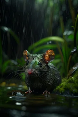 rat cat lost beauty contest through dark clouds, portrait in weird waterfall in moist swamp planet , photo-realistic, shot on Hasselblad h6d-400c, zeiss prime lens, bokeh like f/0.8, tilt-shift lens 8k, high detail, smooth render, down-light, unreal eng