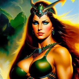 portrait oil on canvas, beautiful busty female Barbarian Warrior,green eyes, ,minimal armor,comic book cover, mystical colors,insanely detailed,realistic,intrincate detail, 16k resolution, masterpiece,Frank Frazetta,Alex Horley, Simon Bisley