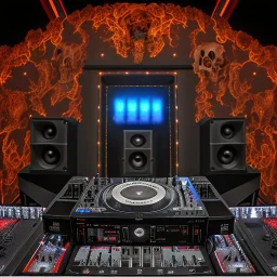 DJ of the damnded, insanely detailed DJ booth in hell, MID set, speakers and equipment made of bone, anatomically correct, add more skulls in th audience, photorealism, vray, 8k 3d, woofers in all empty eye sockets of stage equipment, wide angle, telephoto, from audience, all multicolored skulls,