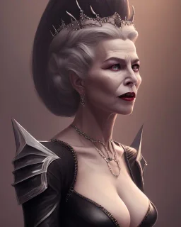 old evil queen in black leather gown, femme fatale, volouptous, busty, cleavage, angry, emperious, 8k resolution concept art portrait by Greg Rutkowski,