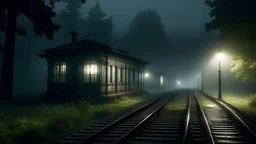 old station in big forest orror fog at nigth time