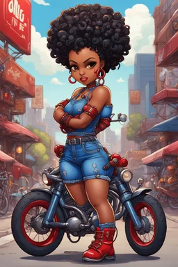 whimsical illustration of the chibi cartoon character, a voluptuous black female in a blue jean outfit with biker boots. Her prominent makeup and hazel eyes, along with her detailed red bantu knots, are featured in this image, set against the background of a lively bike show.