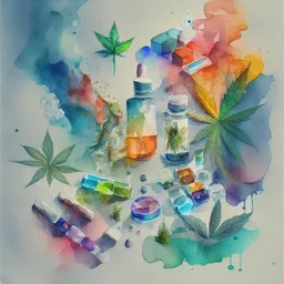 Generate a watercolour artwork where different drugs weed, tobacco, cocain, pill and other drugs are placed asymetricaly making a compositions