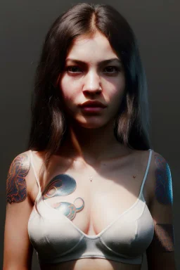 Ultra Realistic image, Rosalía artist, portrait, small complexion, natural small busty, traditional Japanese tattoo, vibrant color, highly detailed, art stations, concept art, smooth, unreal engine 5, god rays, ray tracing, RTX, lumen lighting, ultra detail, volumetric lighting.