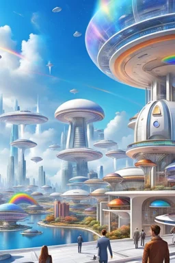 ville futuriste ultra moderne, ufos, rainbows,intergalactic city